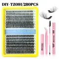 DIY eyelash extension kit with 280 clusters and bond seal glue set for thick lash volume - Airy Soft Style (DIY-TZ091) / With Pink Tools