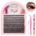 DIY cluster eyelash extension kit with 10-16mm lashes, glue, tweezer and spoolie - Diy-set-533 (pink Glue + Curved Tweezers + Brush)