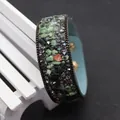 Wide leather bracelet with inlaid natural crushed stones and antique bronze chain edges - Sky Blue Base with Green & Black Crushed Stone (No. 5)