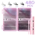 DIY cluster lashes extension kit 480pcs with bond seal and tweezers in pink case - 480 Clusters (10D-40D) With Pink Tools (DIY-JMS-198)