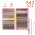 DIY cluster wimperset met 640 stuks 10D en 20D krullen inclusief lijm en seal vloeistof - Diy-jms-180+ Roze Lijmset