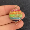 Close-up of a circular rainbow stone connector with gold plating for jewelry making - Small Disc Shape