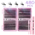 DIY eyelash extension kit with 480 clusters, 30D-60D density, bond, seal and pink tweezers - 480 Clusters (30D-60D) With Pink Tools (DIY-JMS-199)