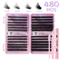 DIY cluster lashes kit with 480pcs mixed 50D-100D volume, tweezers, and dual bond seal glue - 480 Clusters (50D-100D) With Pink Tools (DIY-JMS-185)