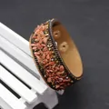 Brown leather wrap bracelet featuring inlaid reddish-brown natural crushed stone accents - Brown-Red Crushed Stone Style (No. 17)