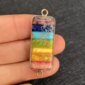 Rainbow natural stone rectangular connector pendant with gold frame and double rings - Rectangular Shape