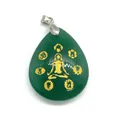 Green aventurine teardrop pendant with golden yoga meditation chakra symbols - 25x32mm / Aventurine Jade