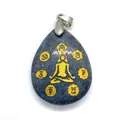 Lapis lazuli water drop pendant with golden seated Buddha and chakra symbols - 25x32mm / Lapis Lazuli