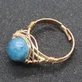 Handmade wire wrapped ring with blue natural round gemstone and gold finish - Blue Aventurine