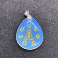 Blue opal water drop pendant with golden zen figure and seven chakra symbols - 25x32mm / Opal