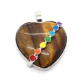 Tiger eye stone heart pendant with silver metal trim and seven chakra color dots - Tiger's Eye