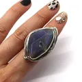 Handmade wire wrapped natural blue agate crystal ring with silver metal wire on hand - No.3 (Blue Purple)