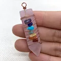 Detail of hand-wrapped pink crystal hexagonal pendant with chakra stones and copper wire - Rose Quartz / 15x57mm