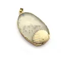 Macro shot of oval agate pendant with gold metallic edges and small shell detail - Light Textured Agate Style (No. 6) / 34x54mm