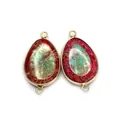 Set of two teardrop natural stone pendants with gold metal frames for DIY jewelry - Green Brown Mixed Color 2