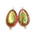 Paire de connecteurs en pierre naturelle en forme de goutte pour création de bijoux - 22x40mm / Moucheté Rouge Brun et Vert