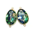 Lot de deux connecteurs en pierre naturelle en forme de goutte pour colliers DIY - 22x40mm / Moucheté Bleu Vert et Marron Doré