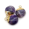 Three round purple faceted natural stone pendants with polished gold metal clasps - Purple Crystal