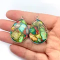 Pendentifs en pierre naturelle en forme de goutte avec motifs colorés et bordure argent - Style Goutte d'Eau / 24x35mm