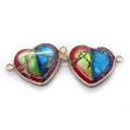 Natural heart stone connector with colorful cracked texture and gold metal frame - No. 30 (Red-Green-Blue-Yellow Intertwined)