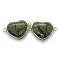 Close-up of heart-shaped natural stone connectors with gold plated edges for DIY jewelry - No. 27 (Dark Green-Brown-Yellow Mottled)