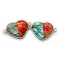 Macro detail of heart-shaped natural imperial stone connectors with gold-plated edges - No. 23 (Red-Orange-Blue Spliced)