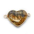 Heart-shaped natural jasper stone pendant with gold bezel and dual connectors - No. 10 (Yellow-Brown Texture)