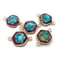 Cinco conectores hexagonales de piedra natural con borde dorado para collares DIY - Veta Azul Roja