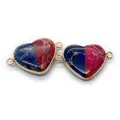 Blue and magenta heart-shaped stone connector with gold rim and double loops - No. 24 (Dark Blue-Rose Contrast)