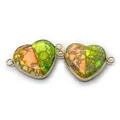 Pair of heart-shaped marble natural stone pendants with gold metal border and connectors - No. 26 (Green-Yellow-Orange Texture)