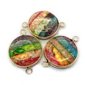 Close-up of three circular gemstone connectors with gold metal edges and colorful mosaic stone - Aquamarine Texture (Style 1)