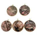 Macro view of five round rhodonite stone pendants with gold plated edges for DIY jewelry - 36x40mm / Rhodonite with Black Lines