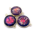 Three-piece set of round purple stone connectors with gold bezels for DIY jewelry making - Purple Pink Vibrant Texture (Style 3)
