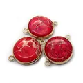 Three round red stone connectors with gold-plated edging and double loops for jewelry - Red Gold Mottled Texture (Style 4)