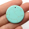 Flat round blue turquoise stone pendant with natural veins and top-drilled hole - Blue Turquoise
