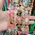 Flat coin-shaped natural gemstone beads in pink strawberry quartz and yellow rutile - 16x16x6mm / Watermelon Skin Stone