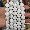 Flat round white howlite stone beads with grey marble veins for DIY jewelry making - 16x16x6mm / Howlite