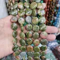 Flat round Unakite stone loose beads for DIY jewelry making with natural spotted texture - 16x16x6mm / Unakite