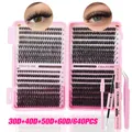 DIY cluster lashes kit with 640pcs 30D-60D volume fans, bond and seal glue, and tweezers - Multi-Density Mixed Style with Adhesive Tweezers Tool Set (DIY-TZ-182 + Pink Glue 3-Piece Set)