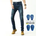 Jeans da moto uomo blu scuro con pannelli elastici e protezioni per ginocchia rimovibili - XXS / Blu con cuscinetti protettivi