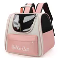 Pink and grey pet backpack with transparent window and Hello Cat logo for travel - Enhanced Version / Pink and Grey Patchwork