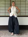 Women's cotton wide-leg lantern pants in dark blue paired with a white halter top - S / Navy Blue