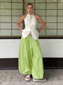 Women's summer set with white halter top and vibrant lime green cotton harem pants - S / Light Green