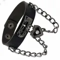 Black punk leather choker featuring a vintage heart padlock and chunky silver metal chains - Heart Padlock Chain Style (03)