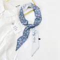 Narrow floral silk scarf with Positive Thinking text tied on a white shirt collar - 25K Blue Large Leaf Flower / 6*135cm
