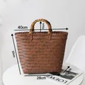 Brown hand-woven straw tote bag with bamboo handles and detailed size dimensions - Large / Dark Brown (Without Scarf)