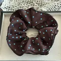 Brown satin polka dot scrunchie with large four-layer ruffled design - Coffee Polka Dot Double Layer