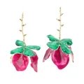 Orecchini a ramo dorato con foglie verdi e petali di fiori in smalto color magenta - Verde