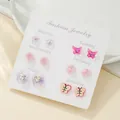 Six-pair set of colorful resin stud earrings featuring floral and butterfly shapes on card - Butterfly Cat Paw Bow Set (E2061-1)