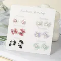 6-pair colorful fruit earring set with heart and bow designs on a weekly card - Pink Purple Heart Bow Set (E2064-1)